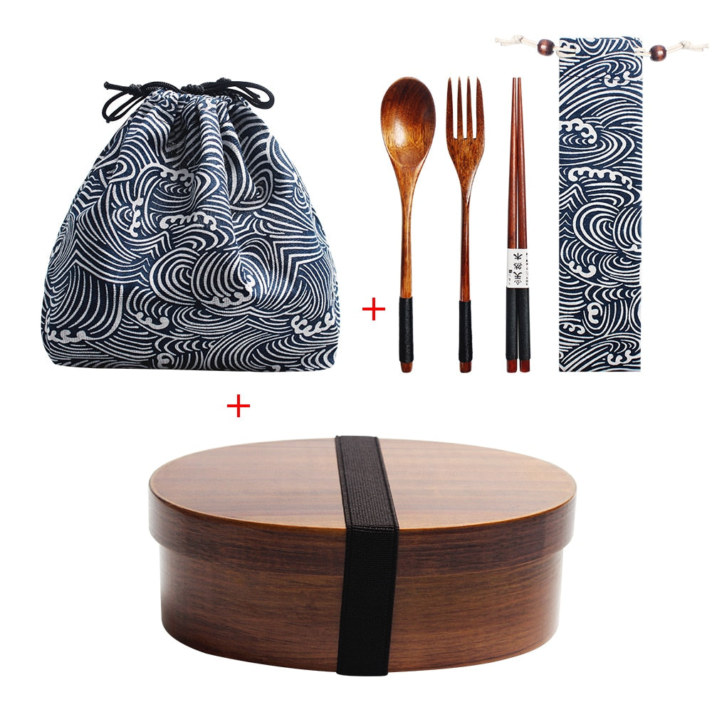 Wooden Lunch Box Picnic  Japanese Bento Box for School Kids Dinnerware Set with Bag&Spoon Fork Chopsticks Round Square Lunch Box