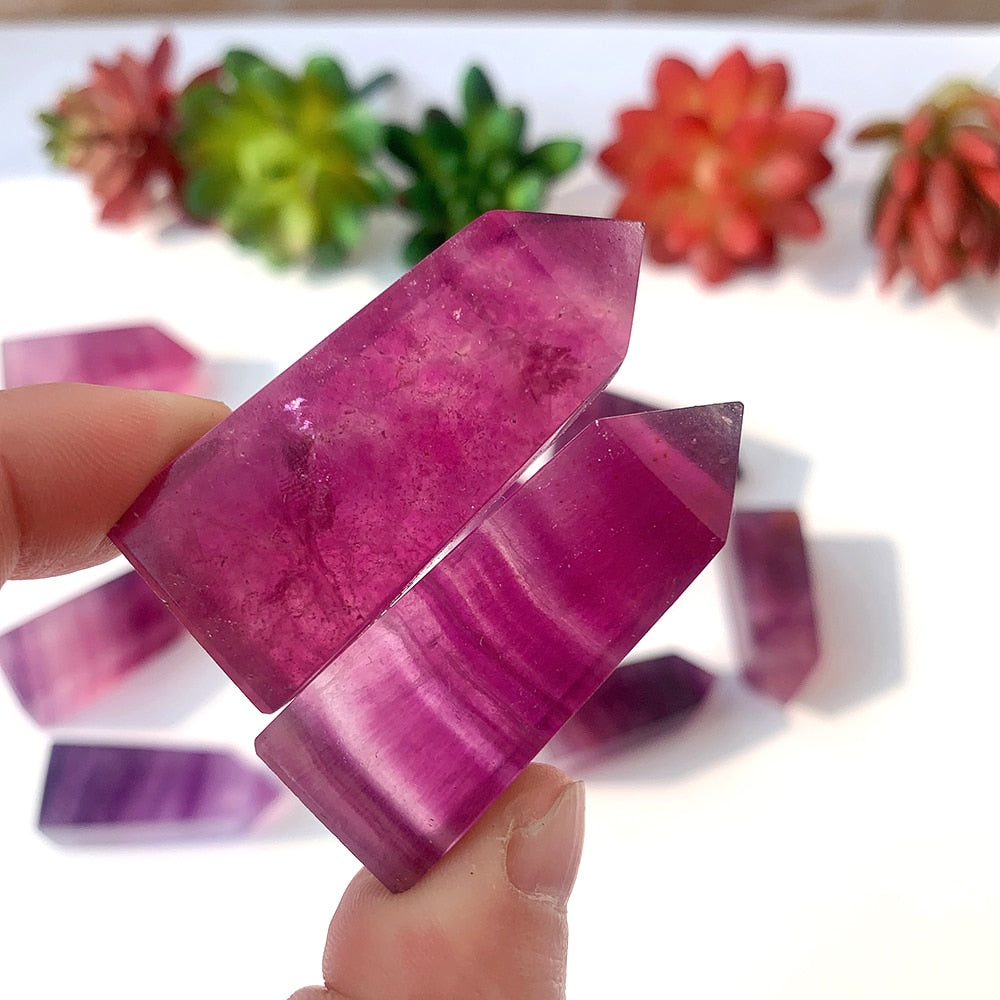 Striped Transparent Crystal Natural Pink Purple Fluorite Tetrahedral Column Energy Gemstones Quartz Tower Decor