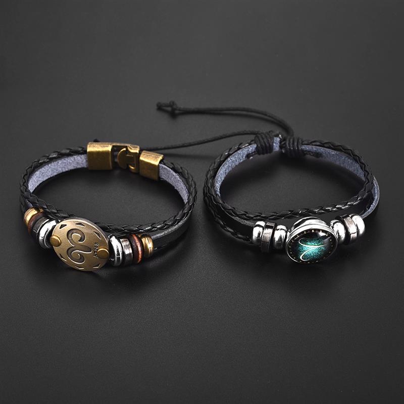2pcs 12 Constellation Bracelet Zodiac Sign Black Braided Leather Bangle Aries Leo Libra Luminous Dome Jewelry Punk Men Bracelet
