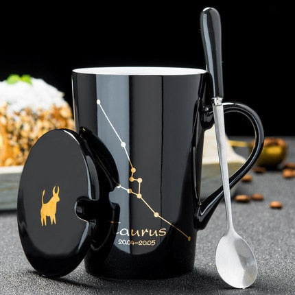 Ceramic Mugs 12 Constellations Creative Mugs With Spoon Lid Black Mug Porcelain Zodiac Milk Coffee Cup Drinkware Couples Gift