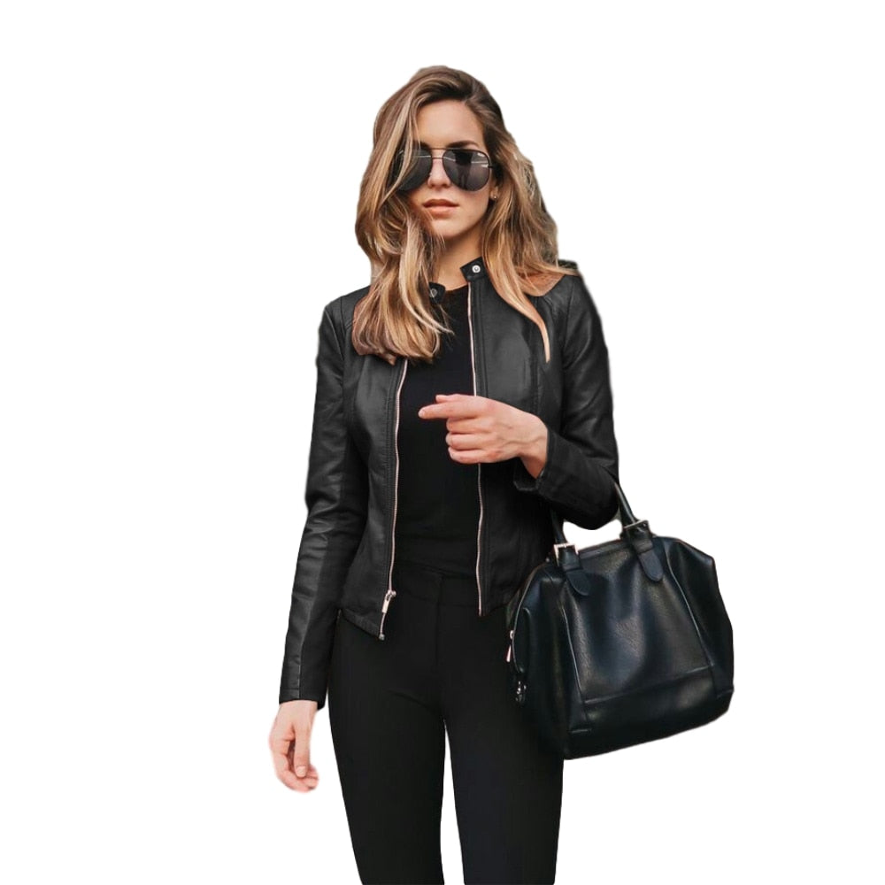 Allukasa Women Bike Coat PU Leather Outwear Zipper Outfit Spring Autumn WomeFashion Short Thin Female Jacket 2020