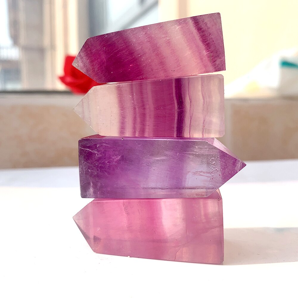 Striped Transparent Crystal Natural Pink Purple Fluorite Tetrahedral Column Energy Gemstones Quartz Tower Decor
