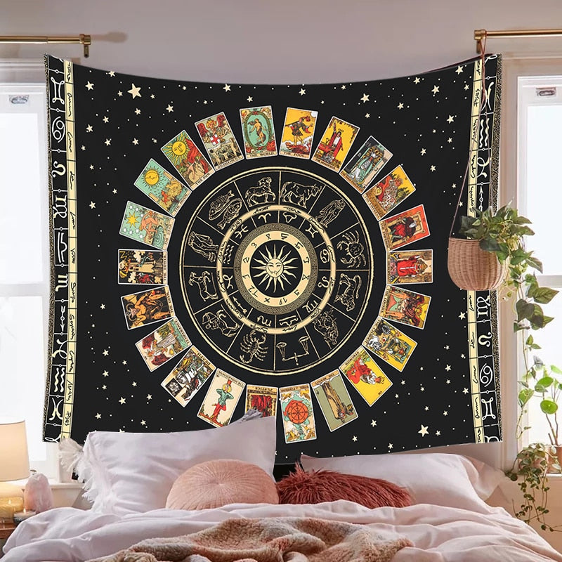 Mandala Tarot Card Tapestry Wheel of the Zodiac Astrology Chart & the Major Arcana Tarot  Sun and Moon  Wall Hanging Home Decor