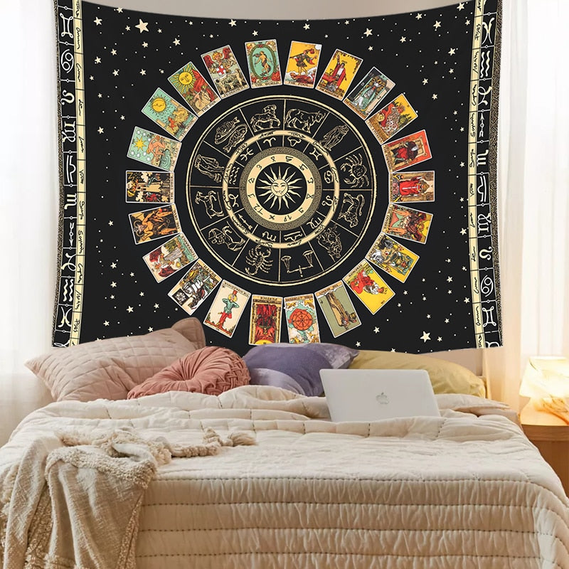 Mandala Tarot Card Tapestry Wheel of the Zodiac Astrology Chart & the Major Arcana Tarot  Sun and Moon  Wall Hanging Home Decor