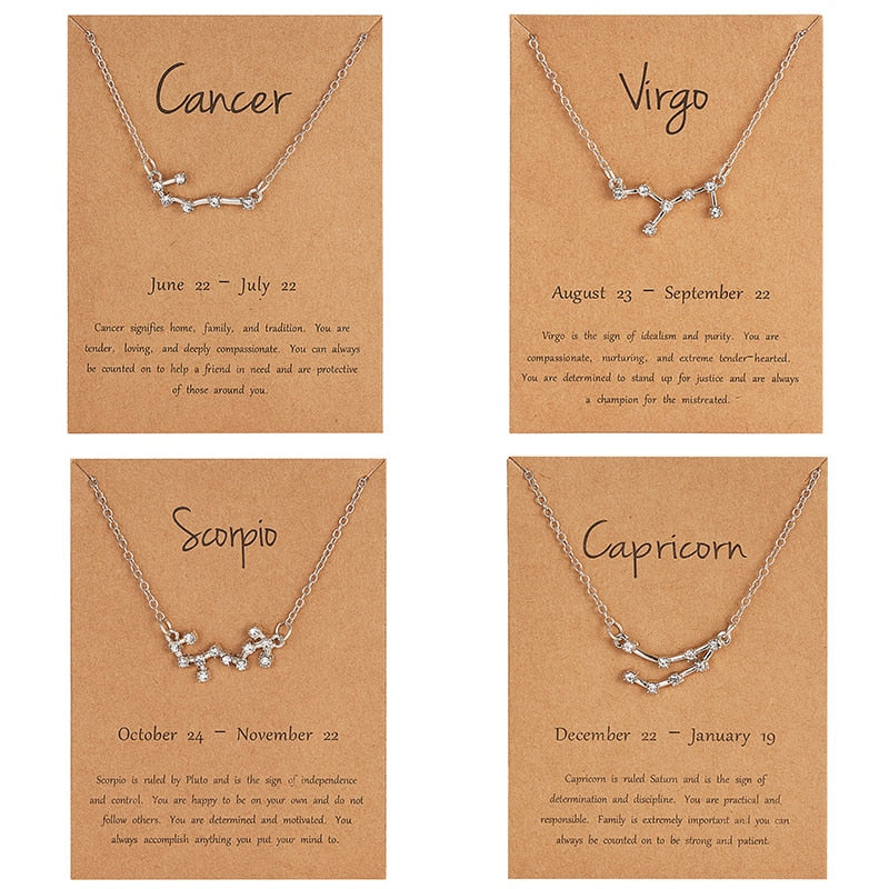 Classic Silver Color Star Zodiac Necklace Women Constellation Pendant Choker Rhinestone Jewelry Fashion Style Best Friend Gift