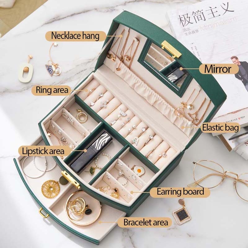 Women's Jewelry Box Travel Jewelry Case  Organizer Display With Mirror Leather Gift Boxes For Women