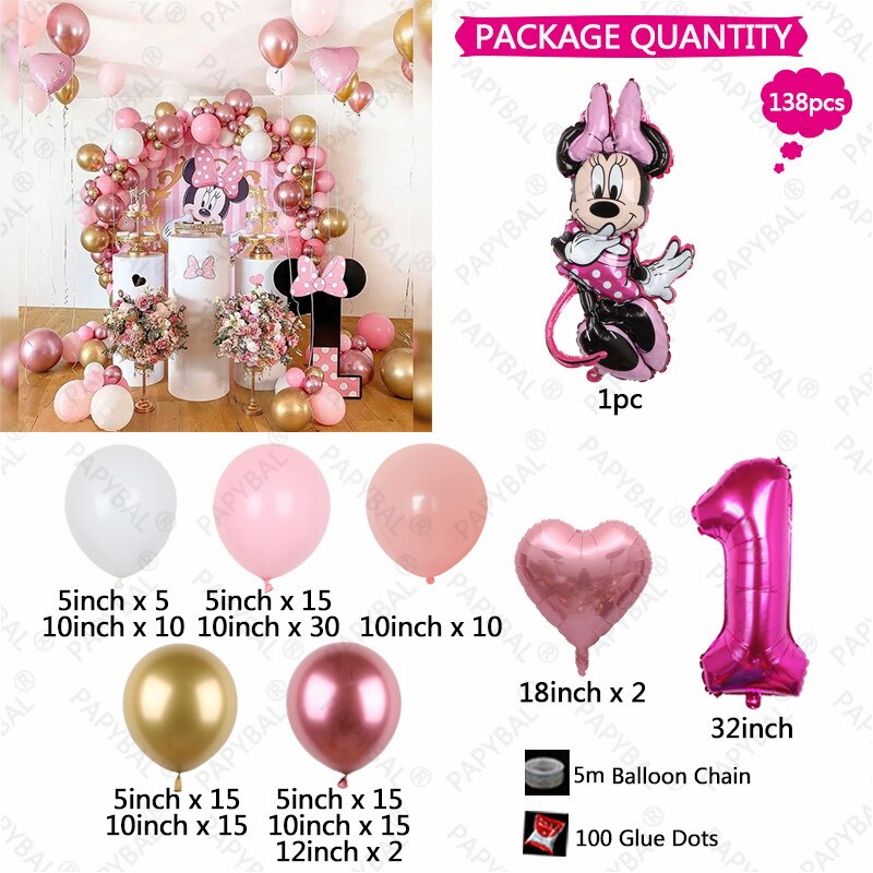 138pcs Disney Minnie Mouse Theme Party Balloon Arch Garland Kit Kids Girls 1 2 3th Birthday Party Decorations Baby Shower Globos