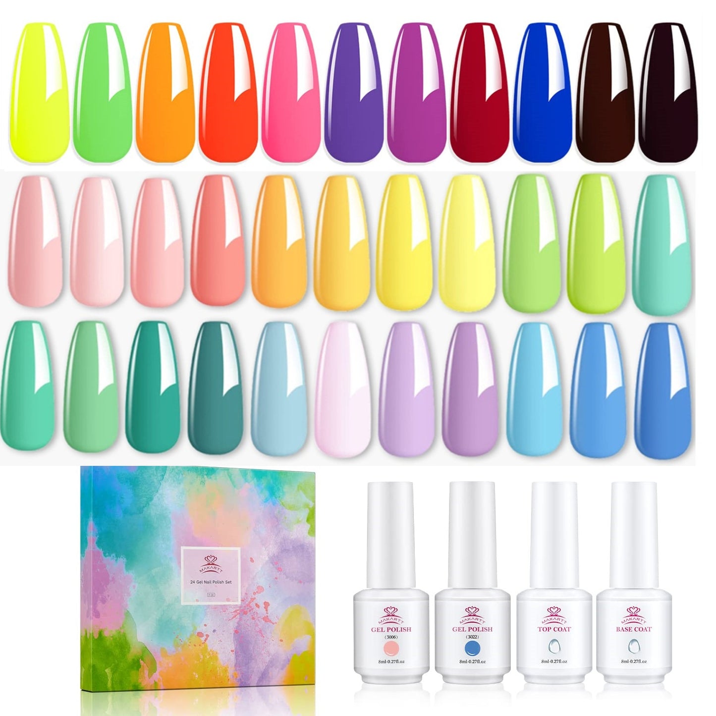 Makartt Gel Nail Polish Kit-  Pastel Gel Nail Yellow Pink Red Blue Green Purple Colors Gel Nail Polish 8ML Base Top Coat