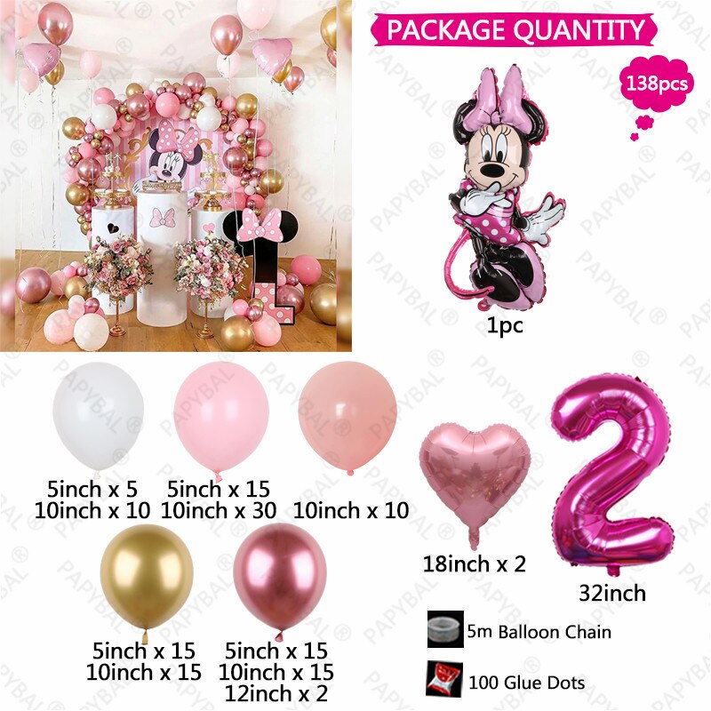 138pcs Disney Minnie Mouse Theme Party Balloon Arch Garland Kit Kids Girls 1 2 3th Birthday Party Decorations Baby Shower Globos