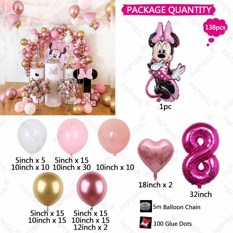 138pcs Disney Minnie Mouse Theme Party Balloon Arch Garland Kit Kids Girls 1 2 3th Birthday Party Decorations Baby Shower Globos