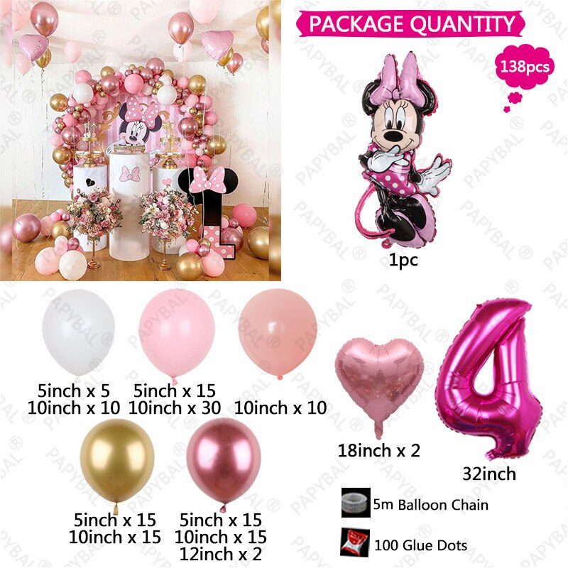 138pcs Disney Minnie Mouse Theme Party Balloon Arch Garland Kit Kids Girls 1 2 3th Birthday Party Decorations Baby Shower Globos