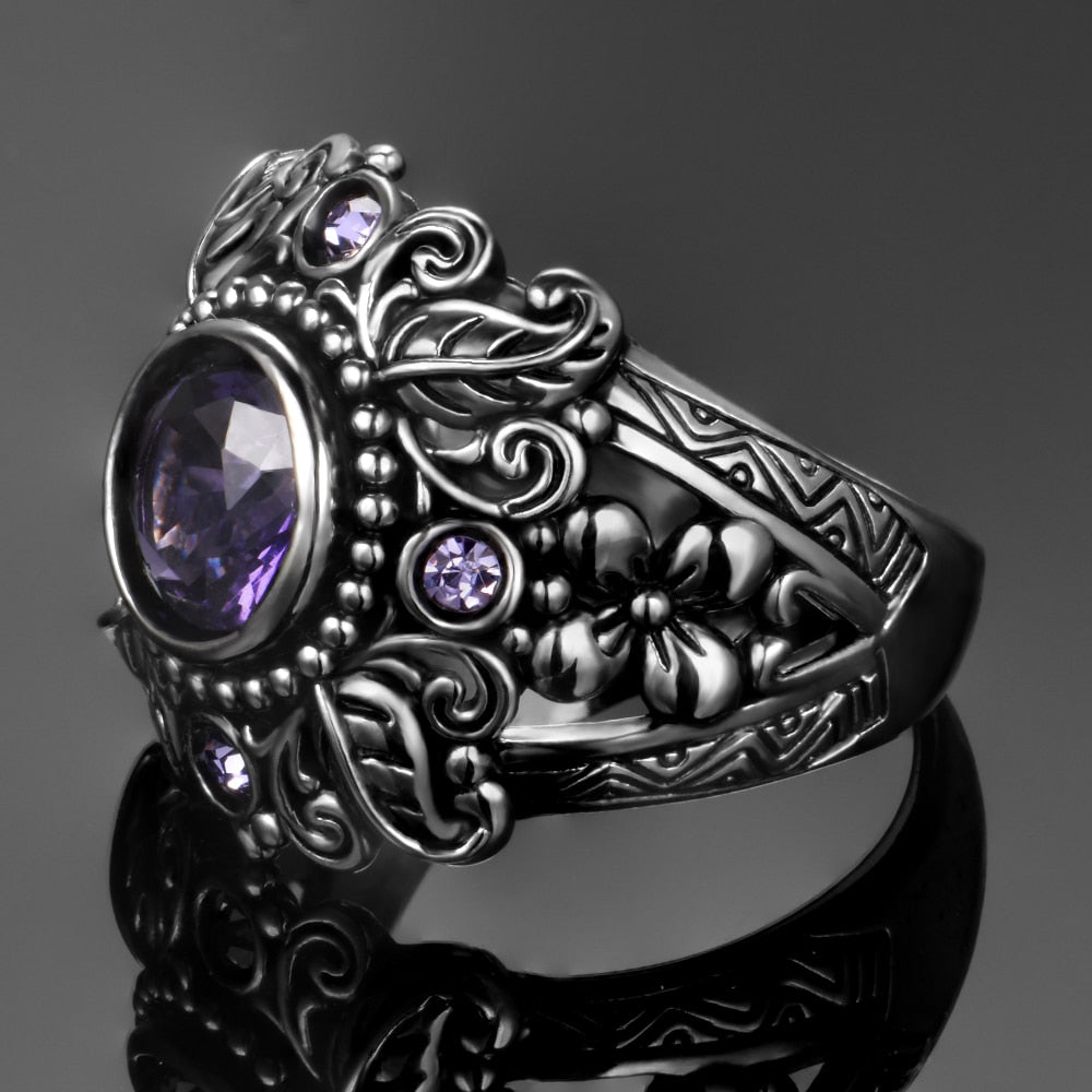 Vintage Jewelry 3ct Amethyst Silver Color Ring Round Cut Purple Nature stone Women Wedding Anel Aneis Gemstone Rings