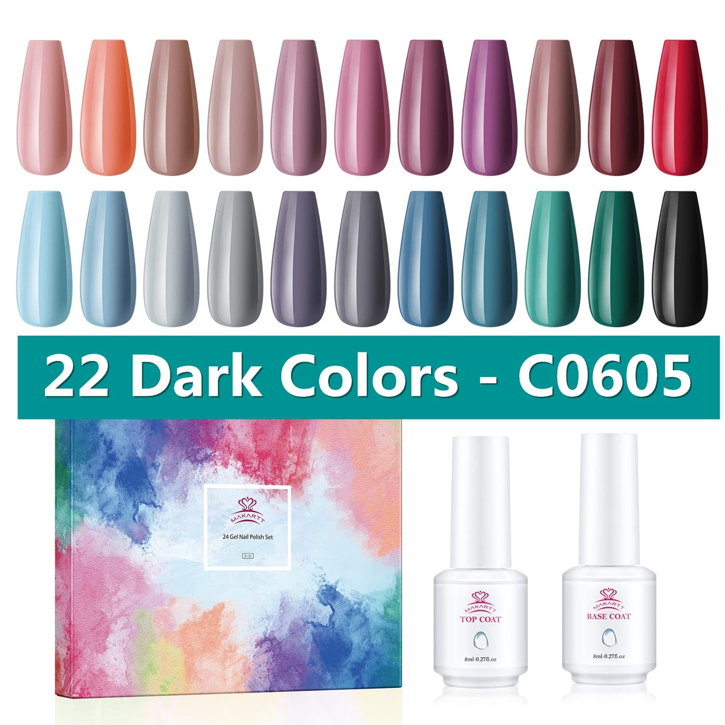 Makartt Gel Nail Polish Kit-  Pastel Gel Nail Yellow Pink Red Blue Green Purple Colors Gel Nail Polish 8ML Base Top Coat