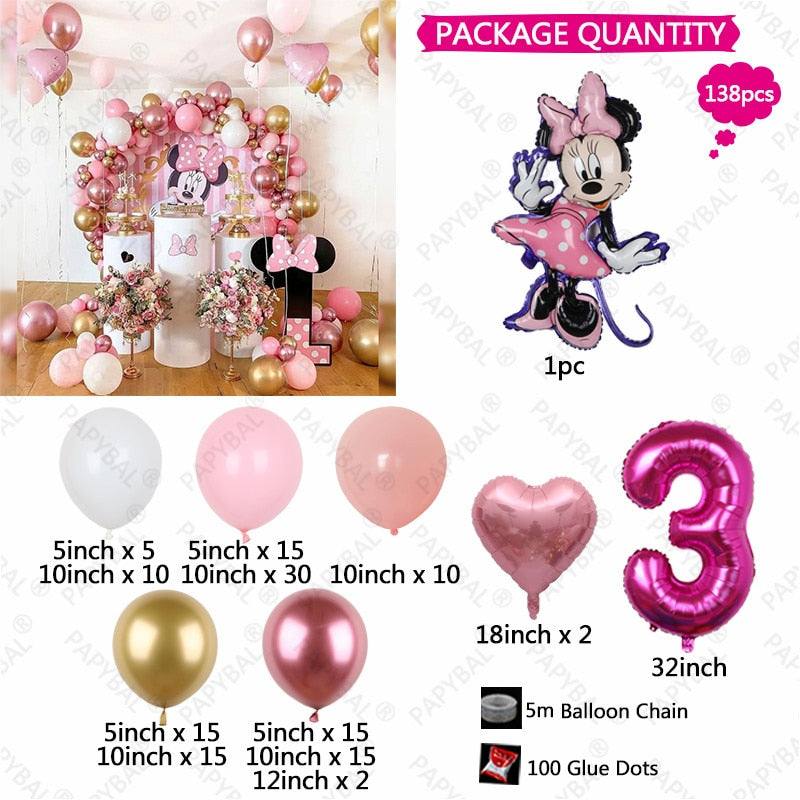 138pcs Disney Minnie Mouse Theme Party Balloon Arch Garland Kit Kids Girls 1 2 3th Birthday Party Decorations Baby Shower Globos
