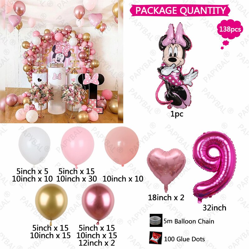 138pcs Disney Minnie Mouse Theme Party Balloon Arch Garland Kit Kids Girls 1 2 3th Birthday Party Decorations Baby Shower Globos