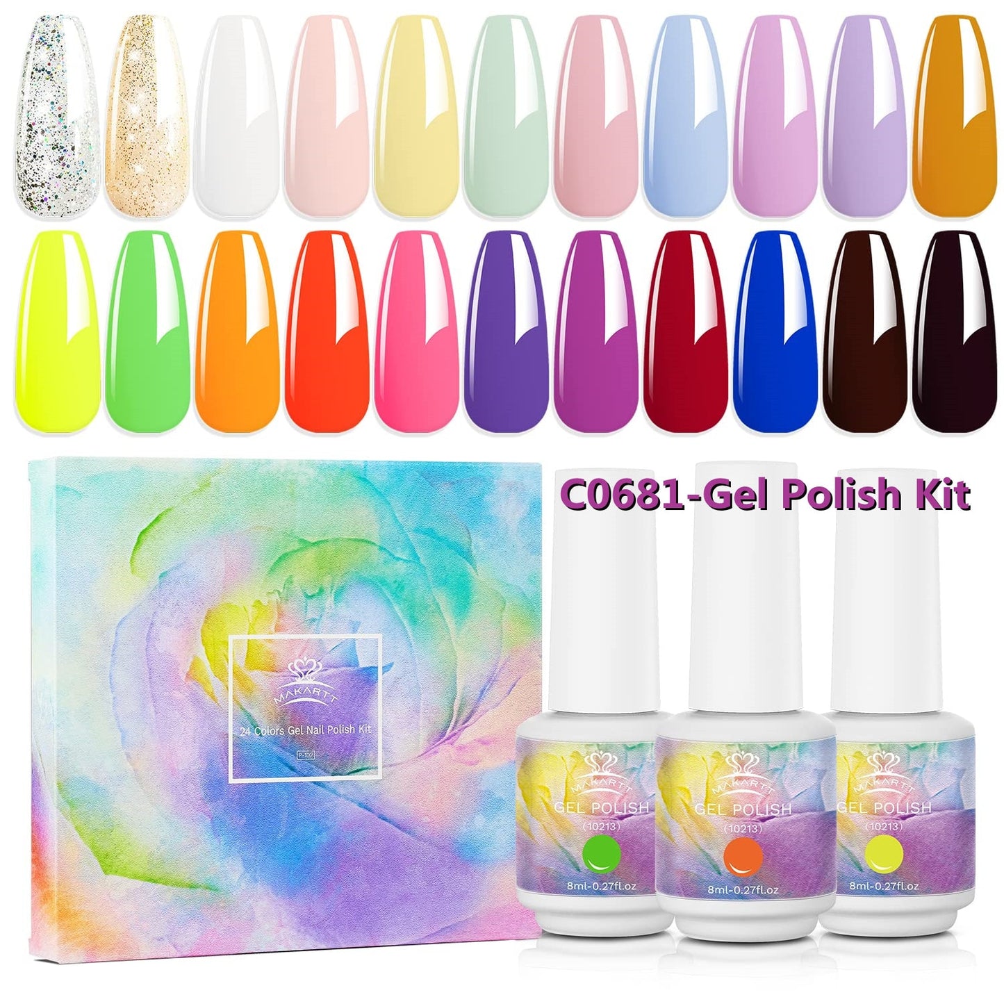 Makartt Gel Nail Polish Kit-  Pastel Gel Nail Yellow Pink Red Blue Green Purple Colors Gel Nail Polish 8ML Base Top Coat