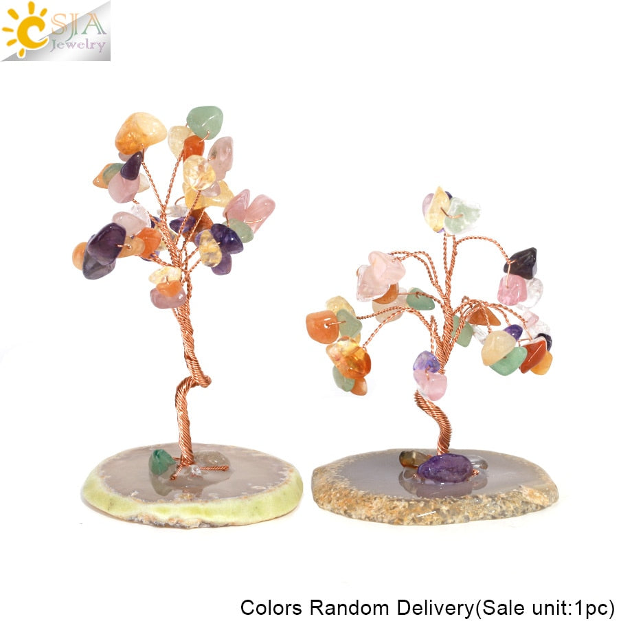 CSJA 7 Chakras Tree of Life Decoration Rose Natural Chip Crystal Handmade Healing Luck Money Trees Feng Shui Home Office G822
