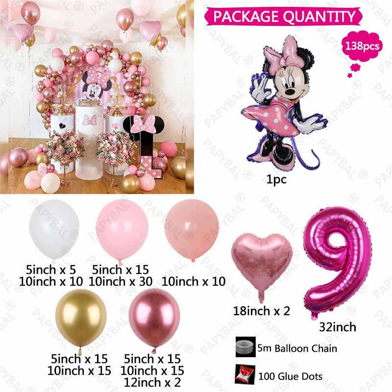 138pcs Disney Minnie Mouse Theme Party Balloon Arch Garland Kit Kids Girls 1 2 3th Birthday Party Decorations Baby Shower Globos