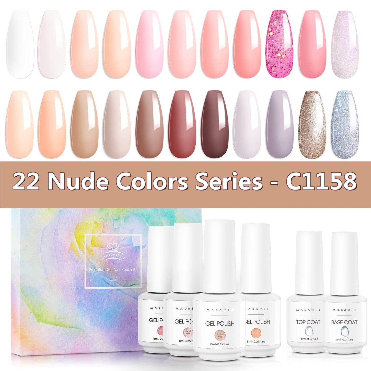 Makartt Gel Nail Polish Kit-  Pastel Gel Nail Yellow Pink Red Blue Green Purple Colors Gel Nail Polish 8ML Base Top Coat
