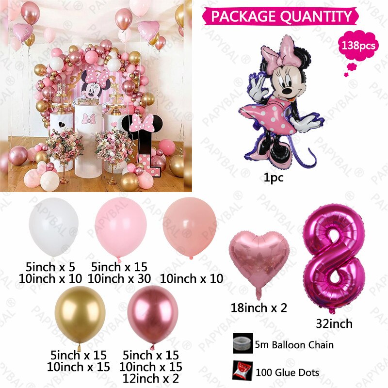 138pcs Disney Minnie Mouse Theme Party Balloon Arch Garland Kit Kids Girls 1 2 3th Birthday Party Decorations Baby Shower Globos