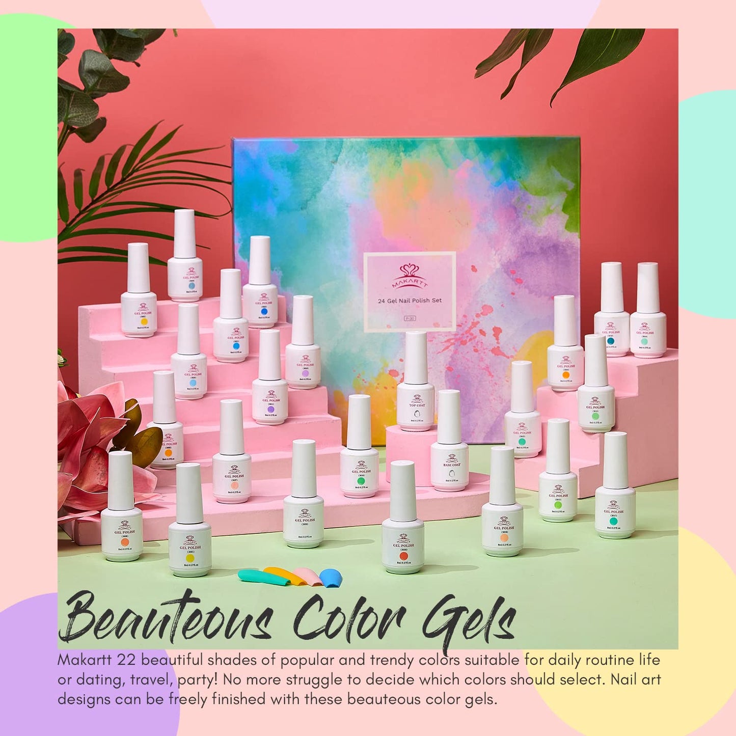 Makartt Gel Nail Polish Kit-  Pastel Gel Nail Yellow Pink Red Blue Green Purple Colors Gel Nail Polish 8ML Base Top Coat