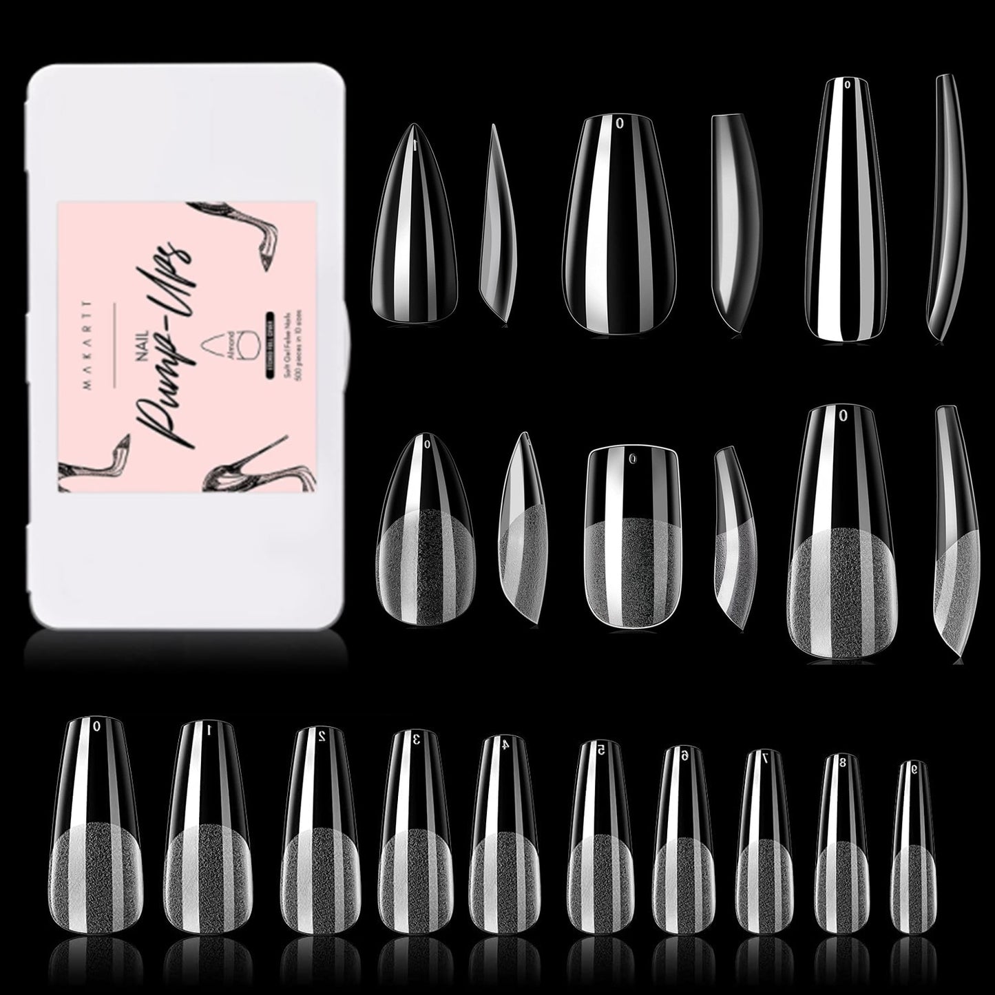 Makartt Soft Gel Full Cover Tips Kit for Soak Off Nail Extensions, 500 Pcs Clear Medium Almond Gelly Tips False Press on Nails