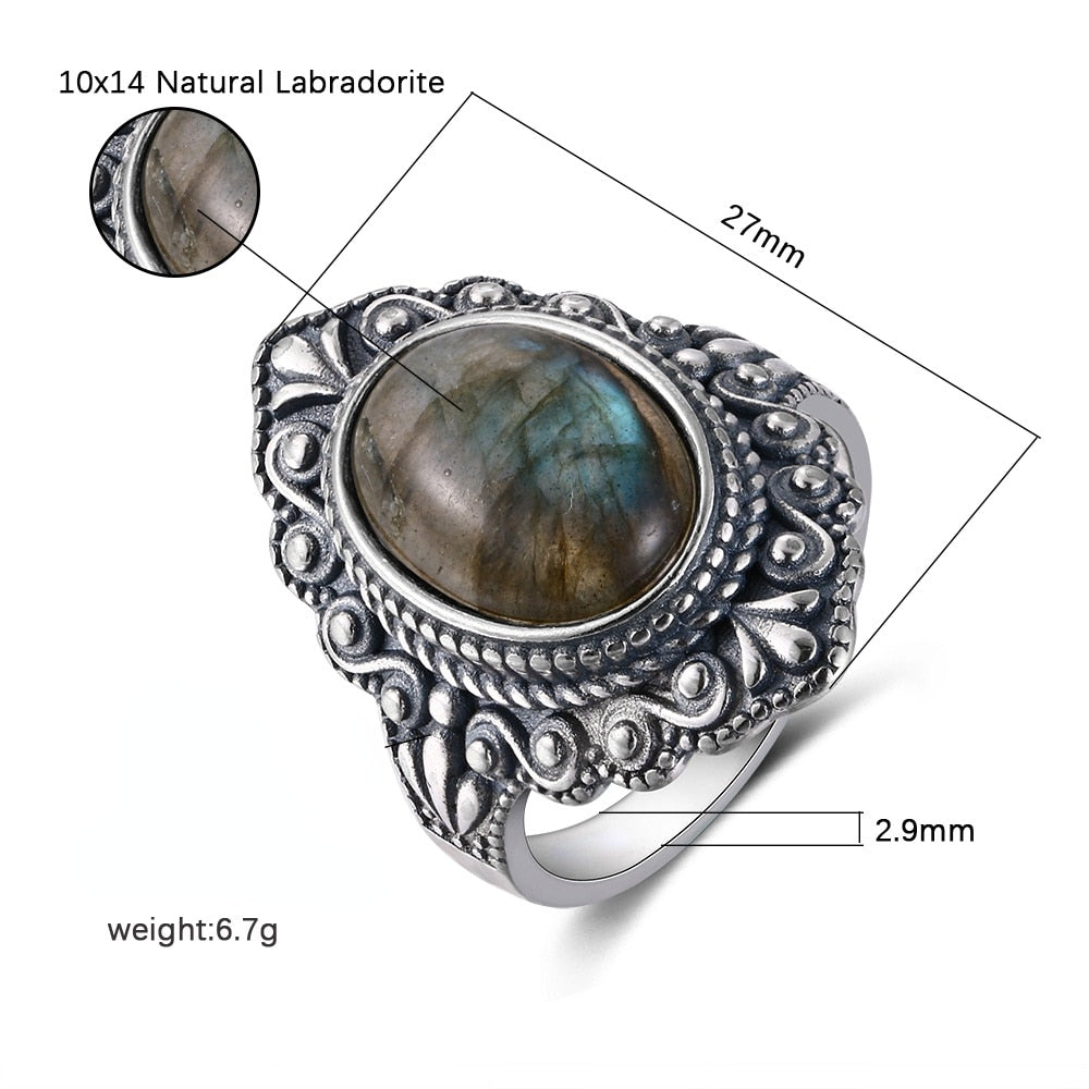 Vintage Oval Natural Labradorite Rings For Women Silver Ring Jewelry Finger Ring Gemstone Rings Party Gift