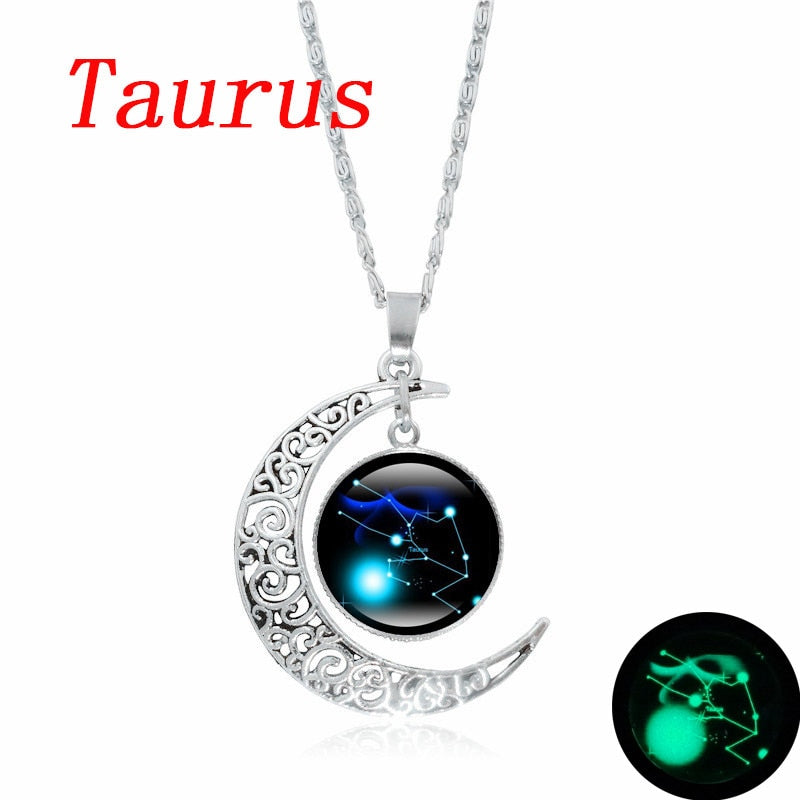 12 Constellation Luminous Necklace Zodiac Signs Jewelry Crescent Moon Pendant Glow In The Dark Necklace Birthday Gifts Women