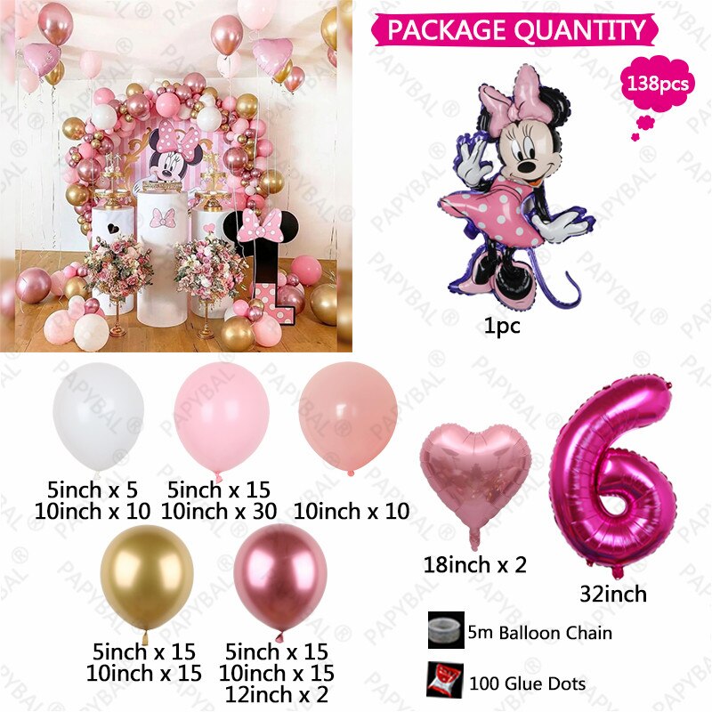 138pcs Disney Minnie Mouse Theme Party Balloon Arch Garland Kit Kids Girls 1 2 3th Birthday Party Decorations Baby Shower Globos