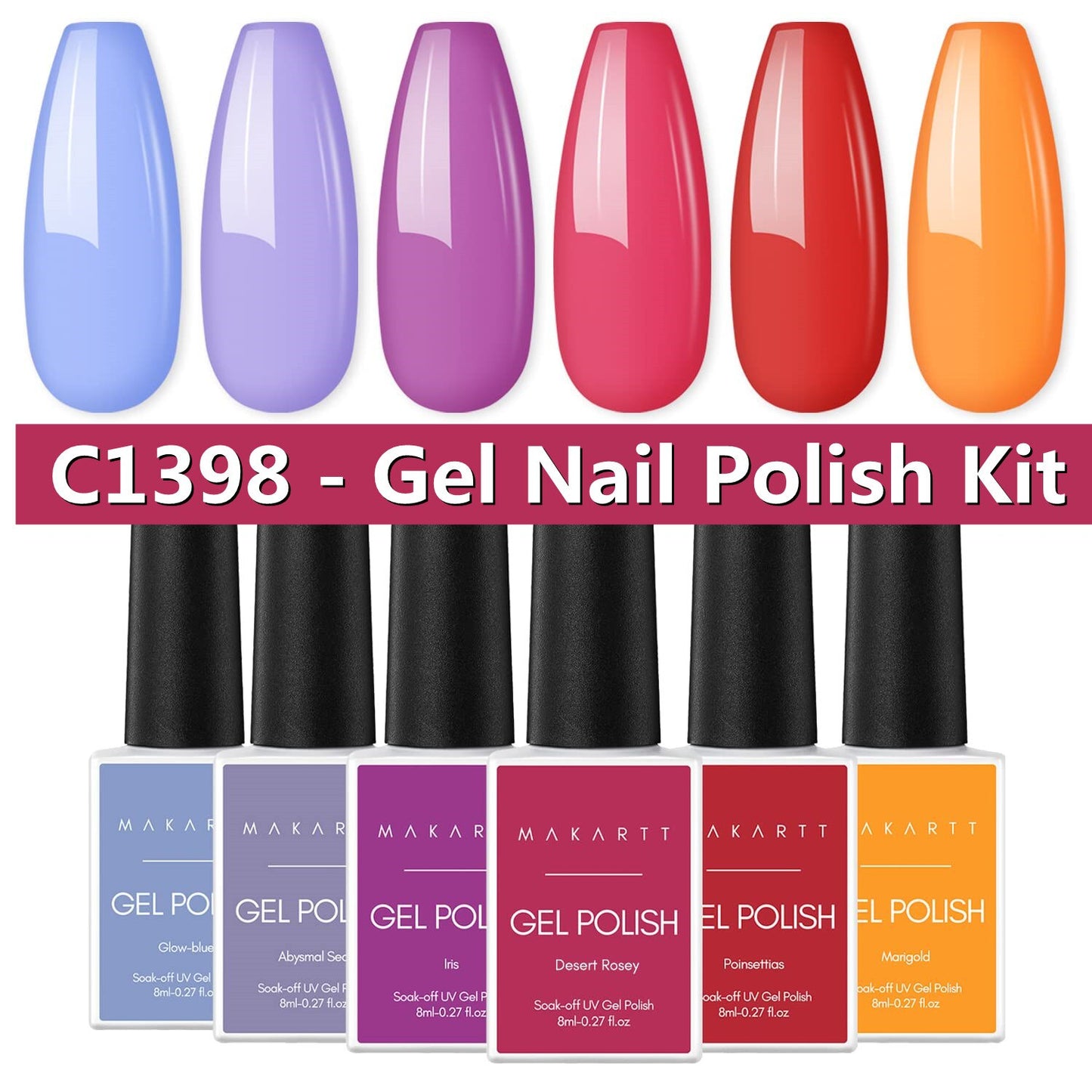 Makartt Gel Nail Polish Kit-  Pastel Gel Nail Yellow Pink Red Blue Green Purple Colors Gel Nail Polish 8ML Base Top Coat