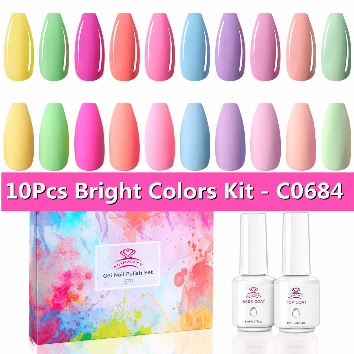 Makartt Gel Nail Polish Kit-  Pastel Gel Nail Yellow Pink Red Blue Green Purple Colors Gel Nail Polish 8ML Base Top Coat