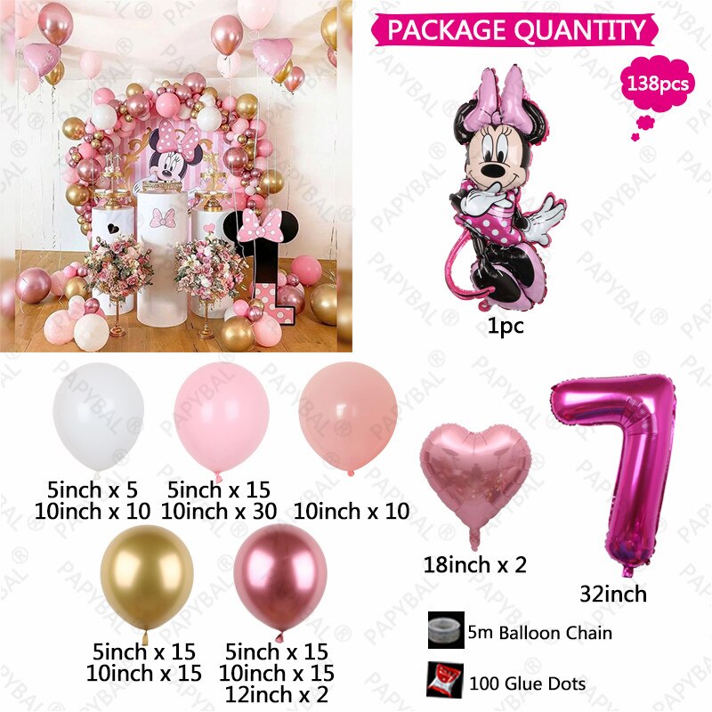 138pcs Disney Minnie Mouse Theme Party Balloon Arch Garland Kit Kids Girls 1 2 3th Birthday Party Decorations Baby Shower Globos