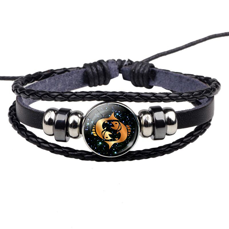 12 Constellation Leather Bracelet Zodiac Sign Handmade Glass Cabochon Black Punk Mens Jewelry Horoscope Astrology Birthday Gift