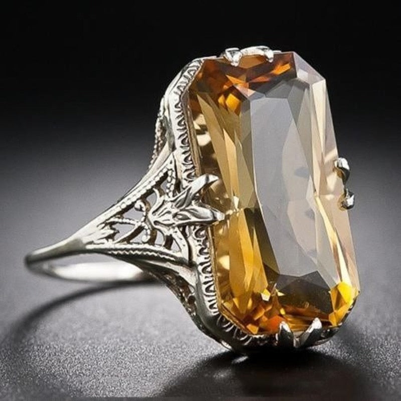 Citrine hollowed-out Carved Silver Rings Exaggerated Silver Hand Jewelry For Women Gemstone Wedding Party Ring Wholesale