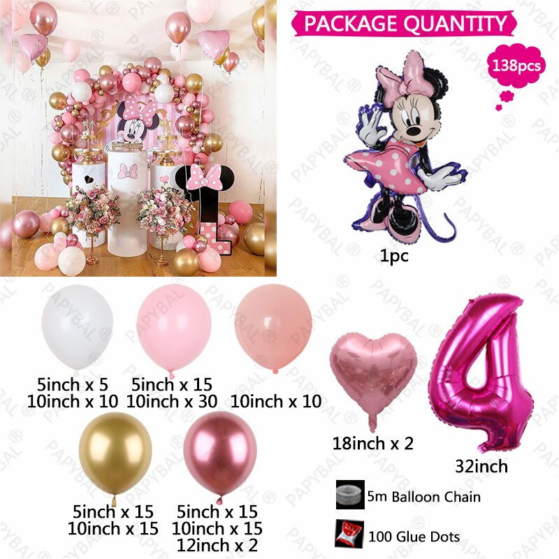 138pcs Disney Minnie Mouse Theme Party Balloon Arch Garland Kit Kids Girls 1 2 3th Birthday Party Decorations Baby Shower Globos