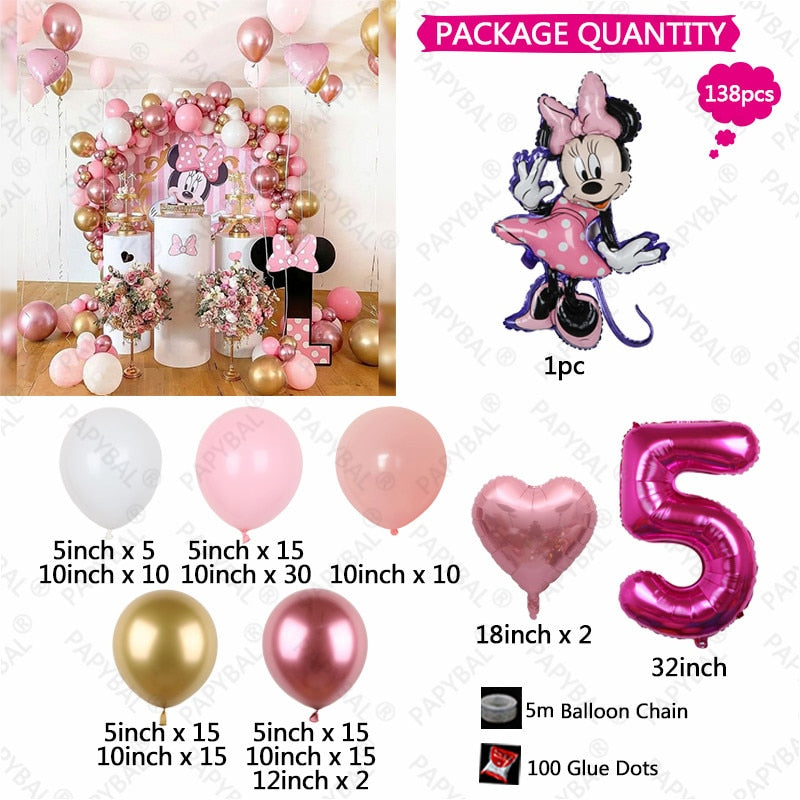 138pcs Disney Minnie Mouse Theme Party Balloon Arch Garland Kit Kids Girls 1 2 3th Birthday Party Decorations Baby Shower Globos