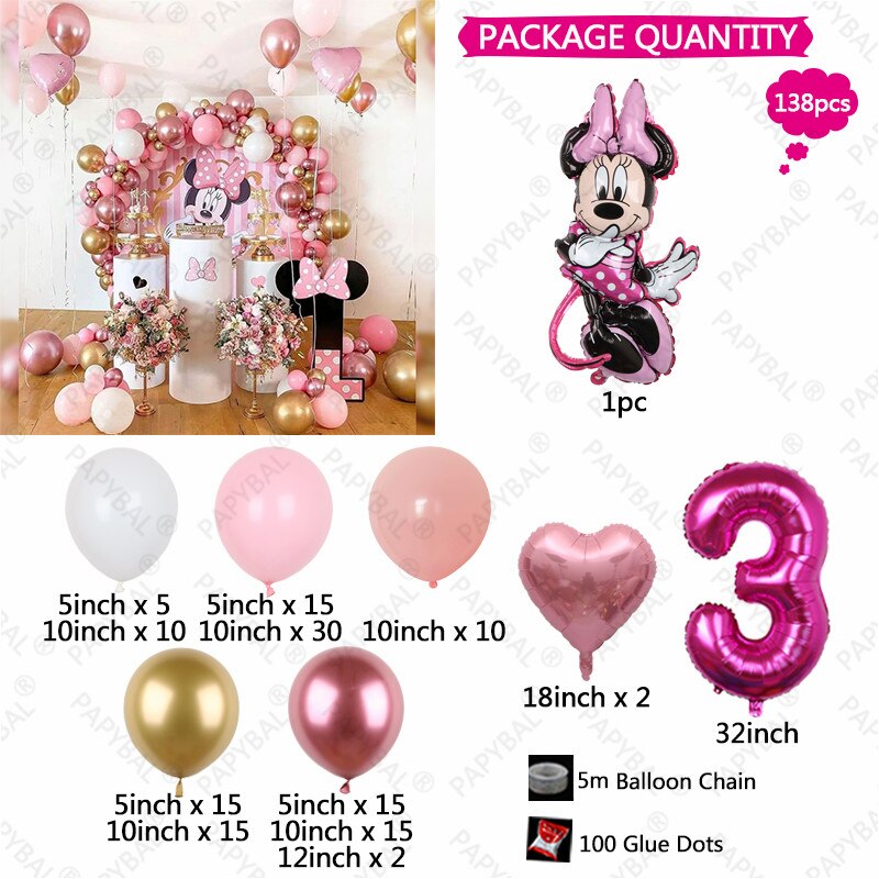 138pcs Disney Minnie Mouse Theme Party Balloon Arch Garland Kit Kids Girls 1 2 3th Birthday Party Decorations Baby Shower Globos