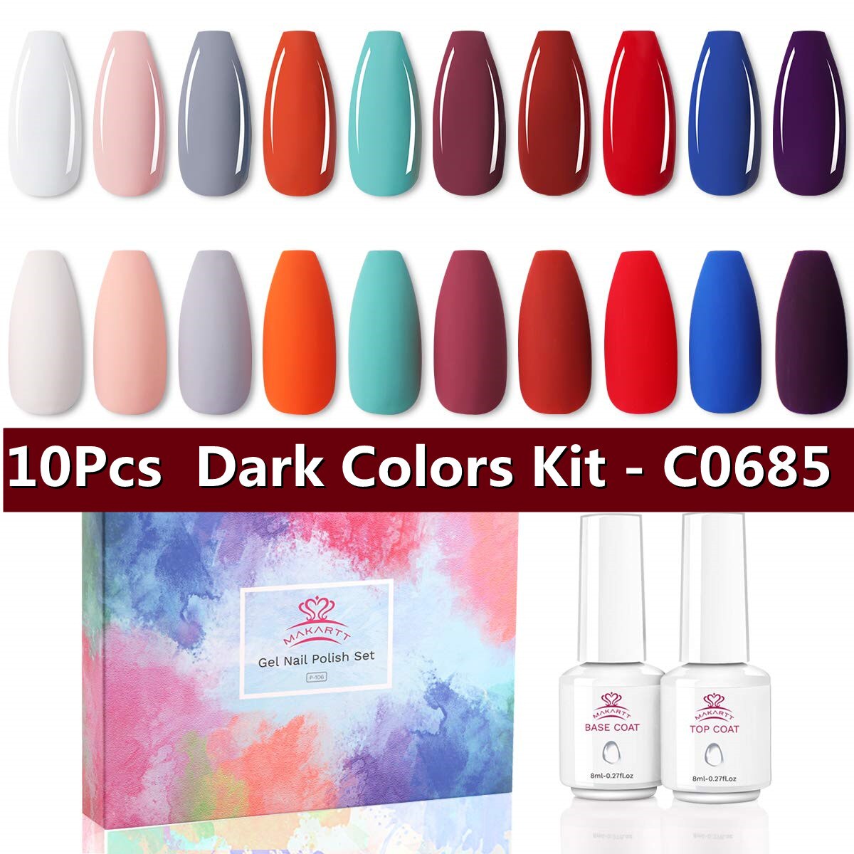 Makartt Gel Nail Polish Kit-  Pastel Gel Nail Yellow Pink Red Blue Green Purple Colors Gel Nail Polish 8ML Base Top Coat