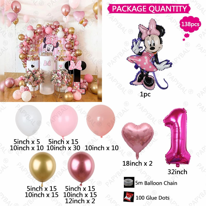 138pcs Disney Minnie Mouse Theme Party Balloon Arch Garland Kit Kids Girls 1 2 3th Birthday Party Decorations Baby Shower Globos
