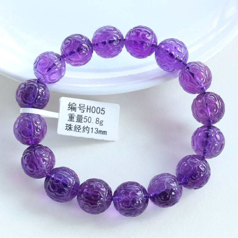 Natural Purple Amethyst Quartz Bracelet 12mm 13mm 14mm Carved Amethyst Clear Round Beads Gemstone Woman Men Crystal AAAAAA