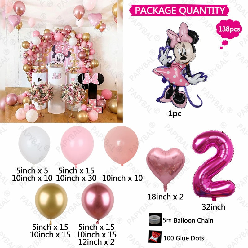 138pcs Disney Minnie Mouse Theme Party Balloon Arch Garland Kit Kids Girls 1 2 3th Birthday Party Decorations Baby Shower Globos