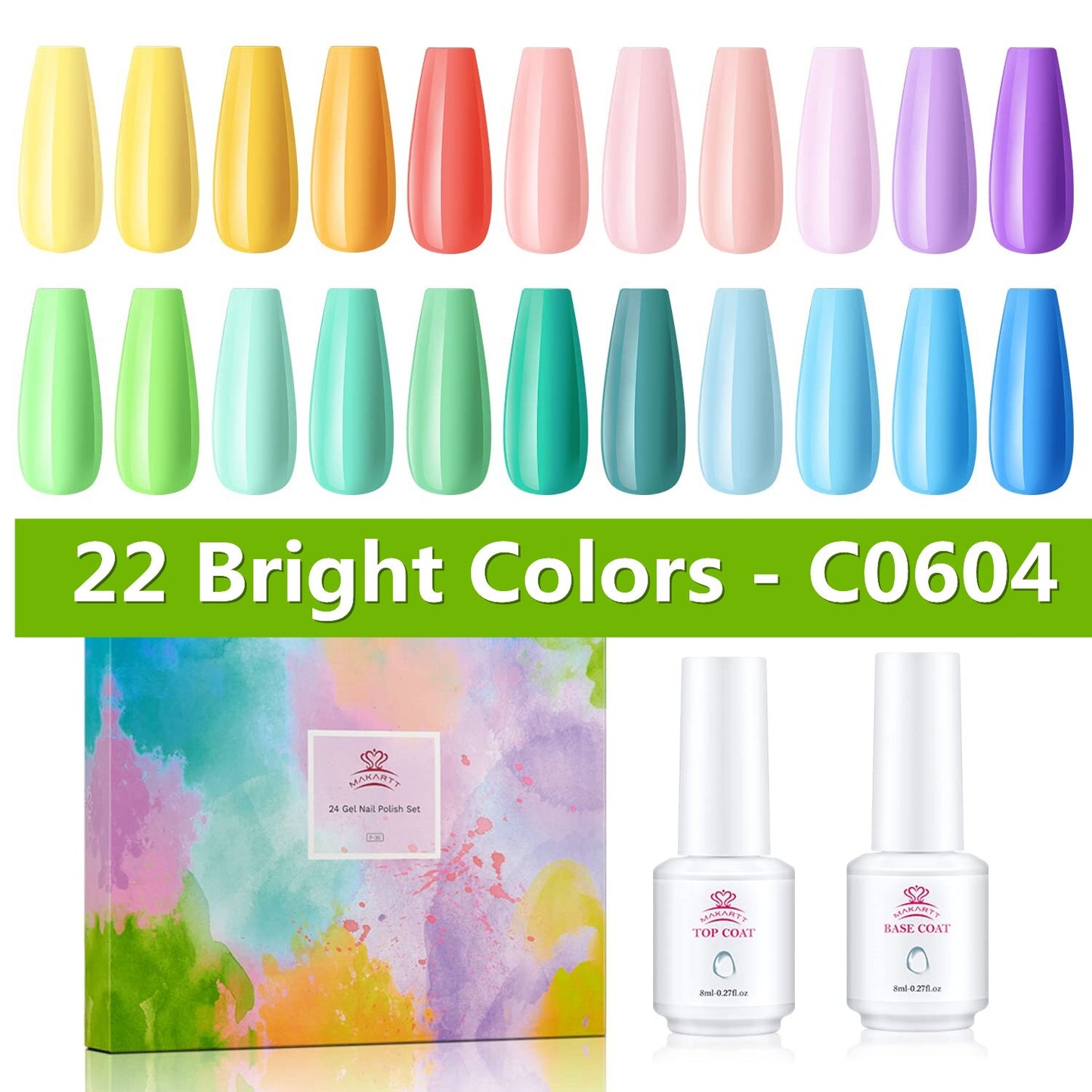 Makartt Gel Nail Polish Kit-  Pastel Gel Nail Yellow Pink Red Blue Green Purple Colors Gel Nail Polish 8ML Base Top Coat