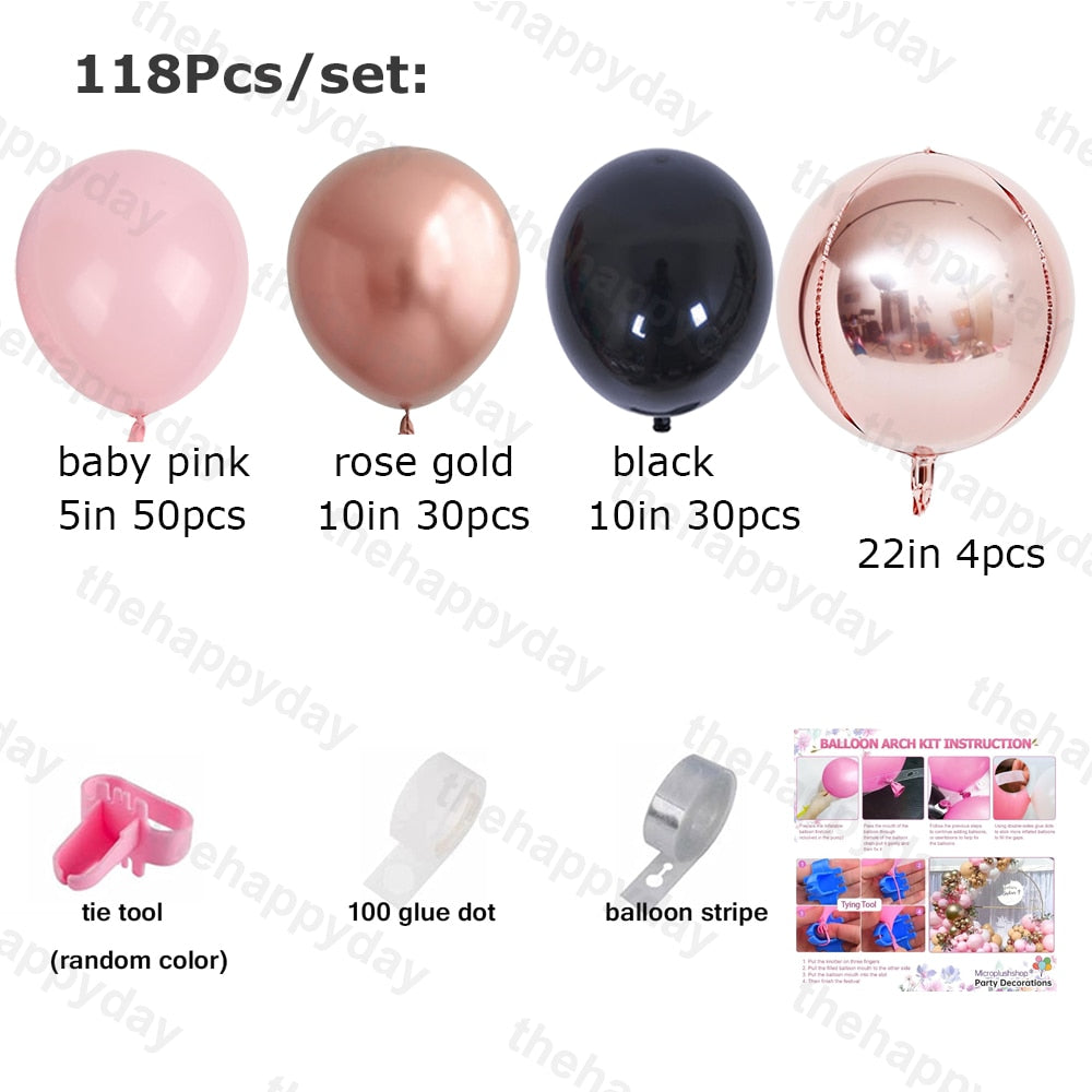 118Pcs Black Rose Gold Pink Balloon Arch Princess Birthday Balloons Garland Kit Baby Shower Girls Birthday Wedding Party Decor
