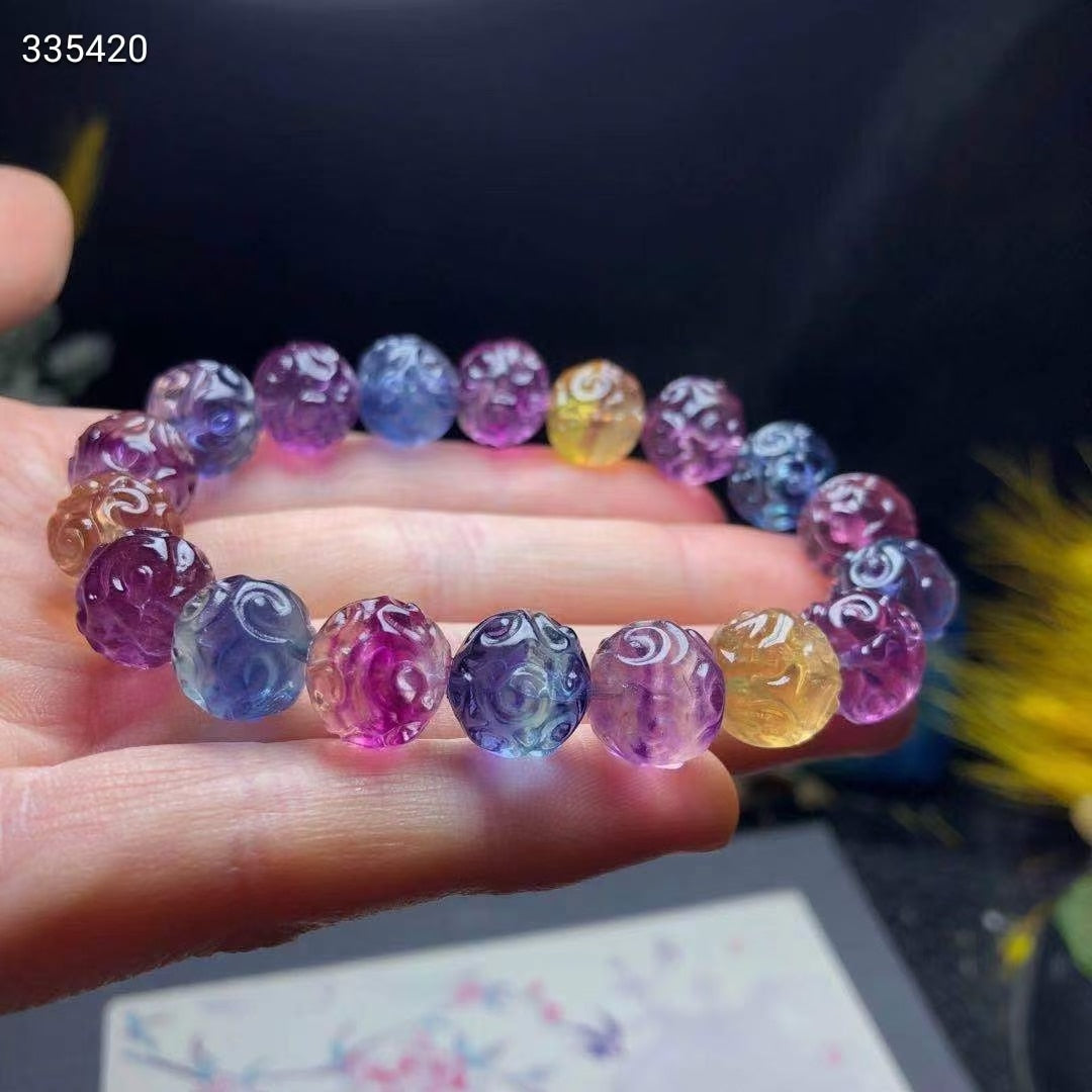 Natural Colorful Fluorite Quartz Clear Carved Beads Bracelet 12mm Blue Purple Fluorite Love Carved Fluorite Bracelet AAAAA