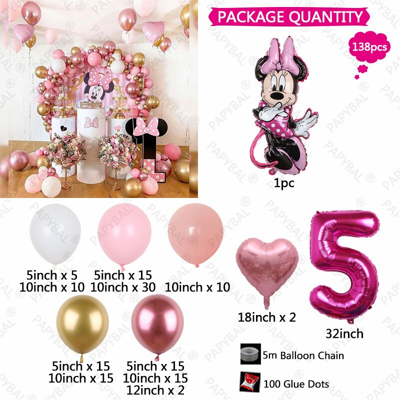 138pcs Disney Minnie Mouse Theme Party Balloon Arch Garland Kit Kids Girls 1 2 3th Birthday Party Decorations Baby Shower Globos