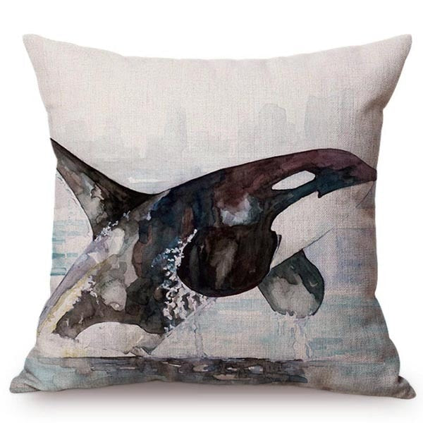 Blue Whale Style Ocean Animal Cushion Cover Water Color Painted Girls and Whale Dolphin Fairy Tales Decoration Sofa Pillow Cover