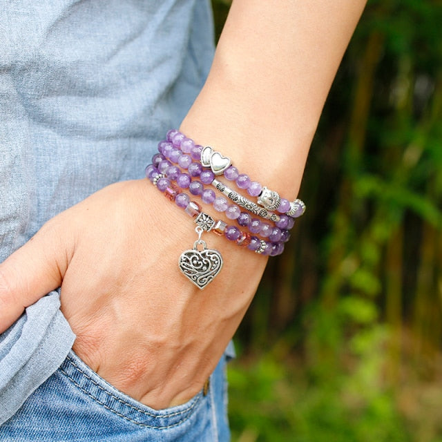 Natural Amethyst Purple Quartz Crystal 6mm Buddhist Buddha Meditation 108 Prayer Bead Mala Bracelet Women Necklace Jewelry