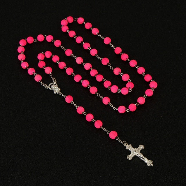 Catholic New Fashion Handmade Round Rosary Glass Beads Quality Cross Necklace Pearl String Cross Pendant Religious Necklace