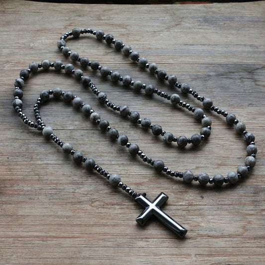6mm Lapis Lazuli stone bead & Hematite cross pendant necklace for Men Women Catholic Christ Rosary Cross Pendant Drop shipping