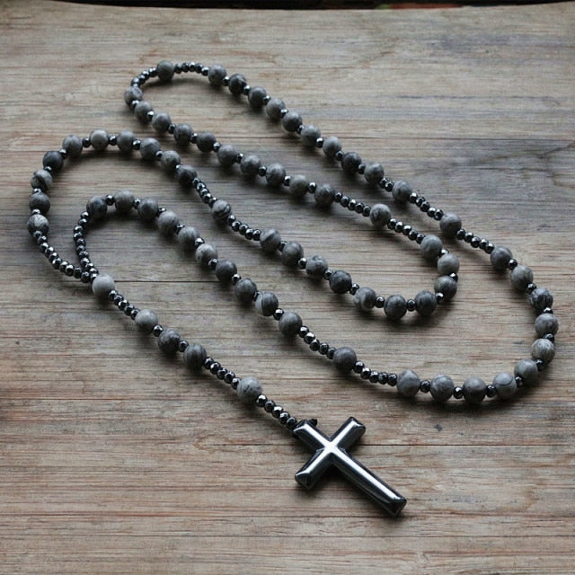 6mm Lapis Lazuli stone bead & Hematite cross pendant necklace for Men Women Catholic Christ Rosary Cross Pendant Drop shipping